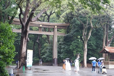 雨の日の鳥居と傘をさす人がいる風景